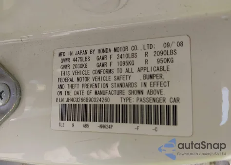 2009 Acura Tsx из США, поврежденный, VIN JH4CU26689C024260